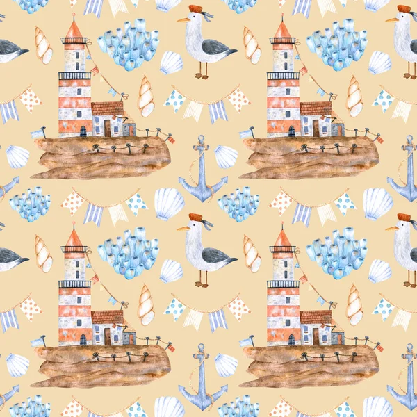 Watercolor marine pattern of colorful seashells,festooned with flags,seagulls,lighthouses and boats for design,decoration.Great for cards,posters,coupons,baby products,decorative paper and any design.