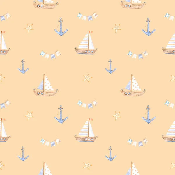 Watercolor marine pattern of beige seashells, garlands with flags,sea anchor and boat for design and decor on beige. Great for cards, posters, coupons, baby products, decorative paper, and any design.