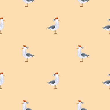 Bej bir arka planda bordo bereli şirin martılar olan suluboya deniz deseni. Kartlar, posterler, kuponlar, bebek ürünleri, dekoratif kağıtlar ve her tasarım için harikadır..