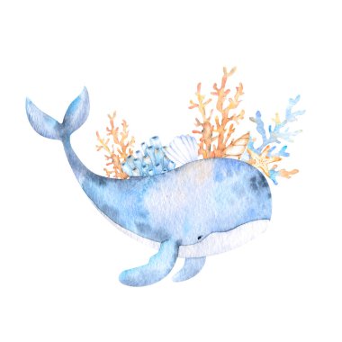 Mavi balina, deniz kabuğu, mercan ve deniz yıldızlarının mavi ve bej tonlarıyla suluboya bileşimi. Kartlar, posterler, kuponlar, bebek ürünleri, dekoratif kağıtlar ve her tasarım için harikadır..