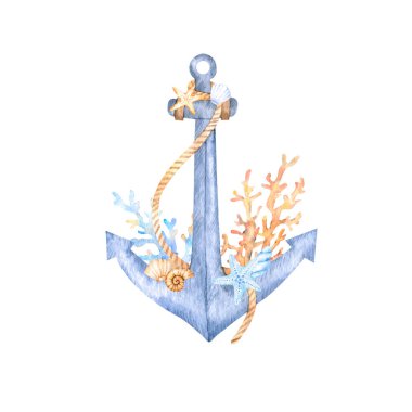 Çapa, renkli deniz kabukları, mercanlar ve mavi ve bej tonlarda ip içeren deniz suluboya bileşimi. Kartpostallar, posterler, kuponlar, bebek ürünleri, dekoratif kağıtlar için harika..