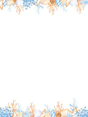 Deniz kabuklarının, mercanların ve deniz yıldızlarının mavi-bej tonlarıyla suluboya sınır. Kartlar, posterler, kuponlar, bebek ürünleri, dekoratif kağıtlar ve her tasarım için harikadır..