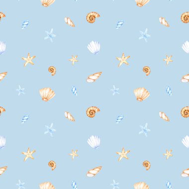 Mavinin tasarımı ve dekorasyonu için çok renkli deniz kabukları ve mercanlardan suluboya deniz deseni. Kartlar, posterler, kuponlar, bebek ürünleri, dekoratif kağıtlar ve her tasarım için harikadır.