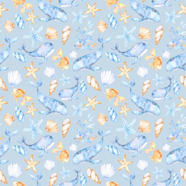 Deniz kabuklarının, mercanların, balinaların ve bej mavisi balinaların kumaş, ambalaj kağıdı, tekstil, giysi ve tasarım üzerine baskı yapmak için kullandıkları deniz ürünleri temasındaki kusursuz desen.