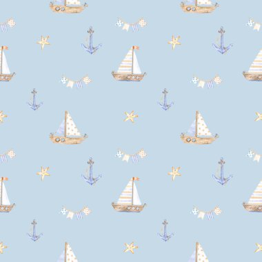 Bej deniz kabuklarından suluboya deniz desenleri, bayraklı çelenkler, deniz çapası ve mavi üzerine dizayn ve dekorasyon için tekne. Kartlar, posterler, kuponlar, bebek ürünleri, dekoratif kağıtlar ve her tasarım için harikadır..