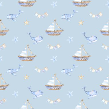 Bej deniz kabuklarından suluboya deniz desenleri, bayraklı çelenkler, mavi balina ve mavi üzerine dizayn ve dekorasyon için bir tekne. Kartlar, posterler, kuponlar, bebek ürünleri, dekoratif kağıtlar ve her tasarım için harikadır.