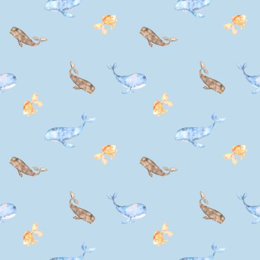 Mavi balinaların suluboya deniz deseni, ispermeçet balinası, dizayn için süs balığı ve mavi üzerine dekor. Kartlar, posterler, kuponlar, bebek ürünleri, dekoratif kağıtlar ve her tasarım için harikadır..