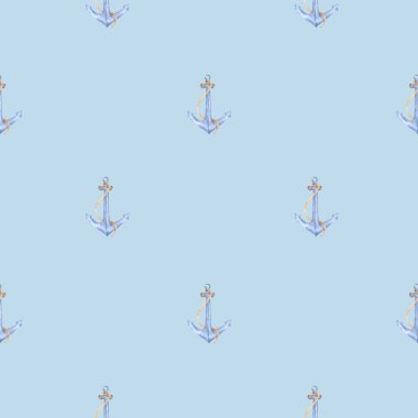 Mavi arka planda denizcilik çapaları olan suluboya deniz deseni. Kartlar, posterler, kuponlar, bebek ürünleri, dekoratif kağıtlar ve her tasarım için harikadır..