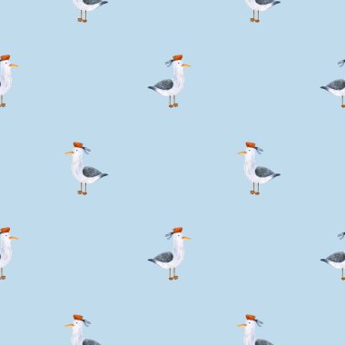 Mavi arka planda bordo bereli şirin martılar olan suluboya deniz deseni. Kartlar, posterler, kuponlar, bebek ürünleri, dekoratif kağıtlar ve her tasarım için harikadır..