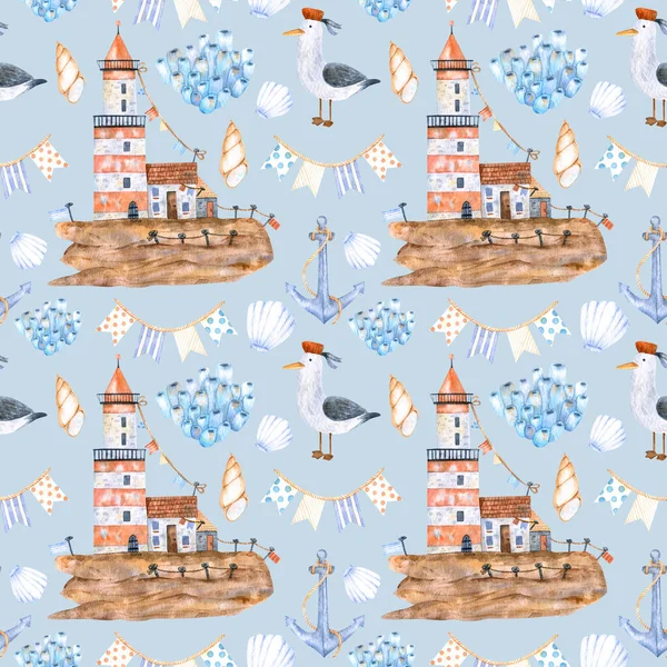 Watercolor marine pattern of colorful seashells,festooned with flags,seagulls,lighthouses and boats for design,decoration.Great for cards,posters,coupons,baby products,decorative paper and any design.