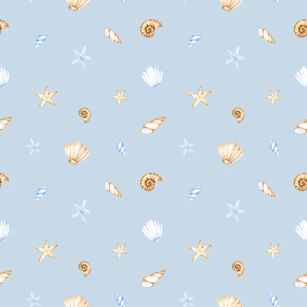 Watercolor marine pattern from multi-colored assorted seashells and corals for design and decoration on blue. Great for cards, posters, coupons, baby products, decorative paper, and any design