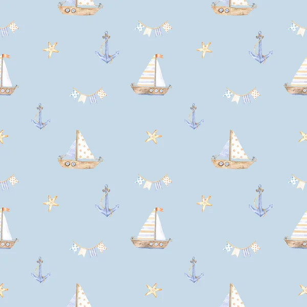 Watercolor Marine Pattern Beige Seashells Garlands Flags Sea Anchor Boat — Stock Photo, Image
