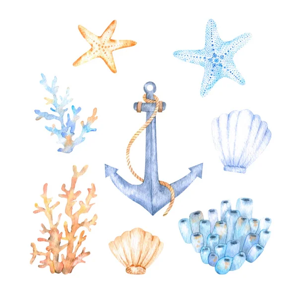 Cute Watercolor Elements Nautical Theme Sea Anchor Rope Various Starfish — 스톡 사진