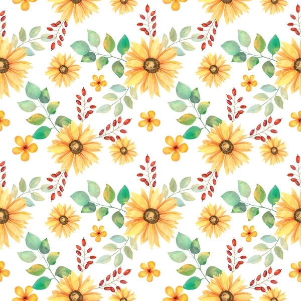 Seamless Floral Pattern Sunflower Flowers Barberry Berries Small Honey Flowers — Stock Photo, Image