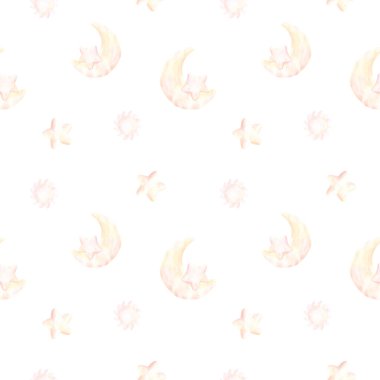 Bir ay süren kusursuz çocuk desenleri, yıldızlı ve tozlu arka planda bej renkli ve pembe tonlu güneş. Kumaş, hatıra defteri, hatıra defteri, kartpostallar ve dekorasyon için harika.