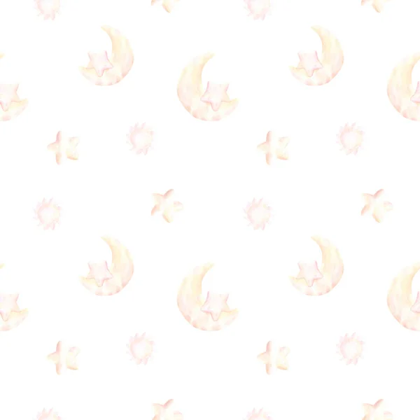 Бесшовный Детский Узор Месяцем Звездами Солнцем Лучами Бежевых Розовых Тонах — стоковое фото