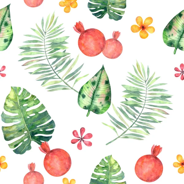 緑のモンスターの葉 ヤシの木 赤ピンクのザクロ ピンクと黄色の熱帯の花のデザインと装飾のためのシームレスな熱帯をテーマにしたパターン スクラブペーパー ファブリック 装飾のための素晴らしい — ストック写真