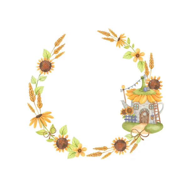 Cute Wreath Watercolor Cute Houses Teapot Sunflower Yellow Flowers Leaves — Stock Photo, Image