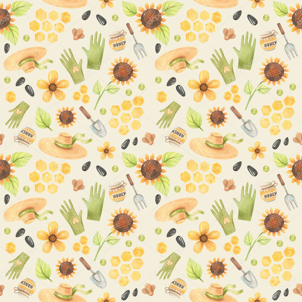 Seamless pattern with watercolor bee hives, summer hats,garden gloves,tools,honeycomb and honey,sunflowers and seeds,colored peas for decoration and design of fabric, scrapbooking paper, wallpaper 