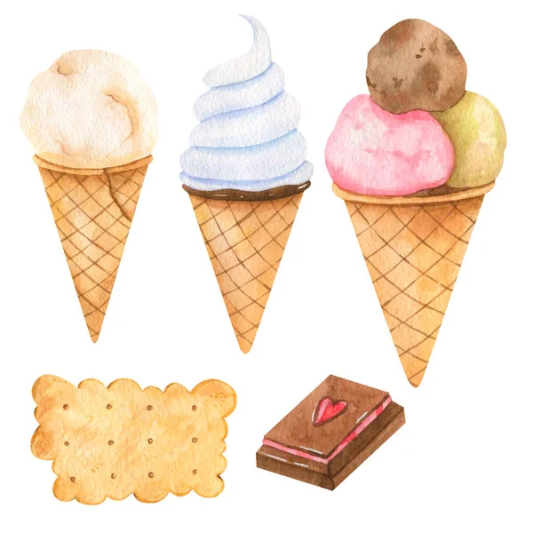 Clipart Acuarela Dibujado Mano Conos Helado Cremoso Colorido Galletas Trozo —  Fotos de Stock