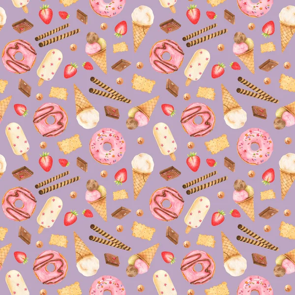 Seamless Pattern Watercolor Donuts Frosting Sprinkling Strawberries Pieces Chocolate Waffle — Stock Photo, Image