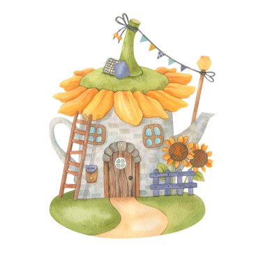 Ayçiçeği çatılı bir çaydanlıktan elde çizilmiş suluboya peri evi, bir çit, çatıya çıkan bir merdiven, yüksek çözünürlüklü cüceler için ayçiçeği.