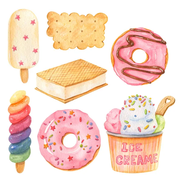 Clipart Acuarela Dibujado Mano Rosquillas Con Glaseado Diseño Rosa Helado —  Fotos de Stock