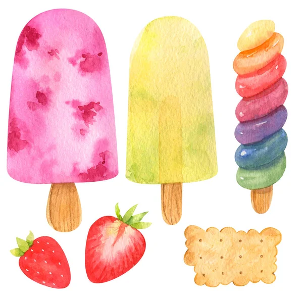 Clipart Acuarela Dibujado Mano Paletas Helado Colores Fresas Galletas Para —  Fotos de Stock