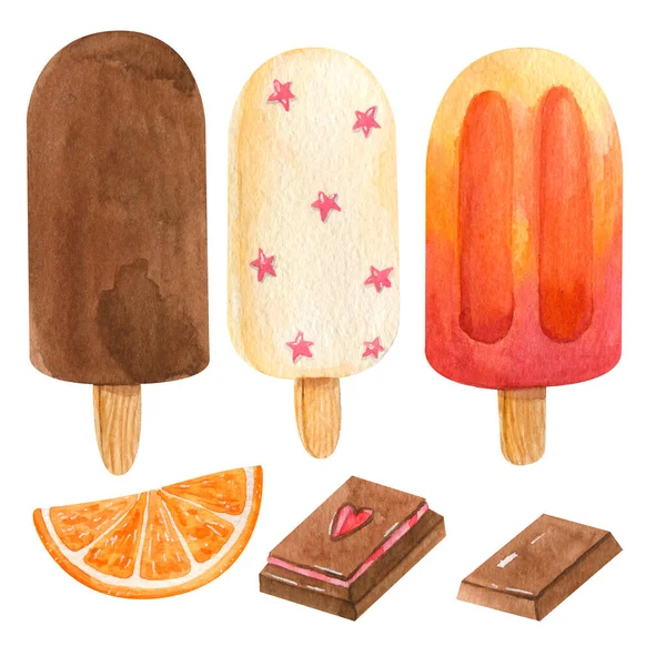 Clipart Acuarela Dibujado Mano Helado Cremoso Multicolor Naranja Trozo Chocolate —  Fotos de Stock