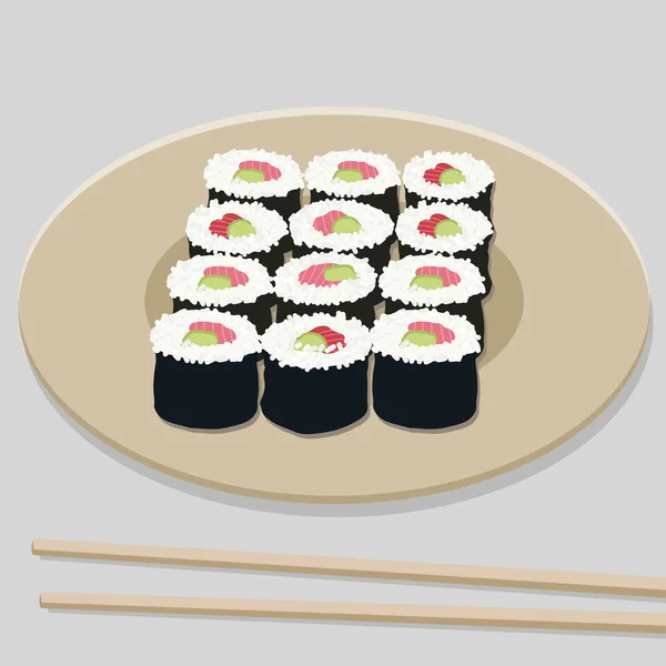 Ensemble de rouleaux de sushi sur la plaque ronde. Illustration . — Image vectorielle