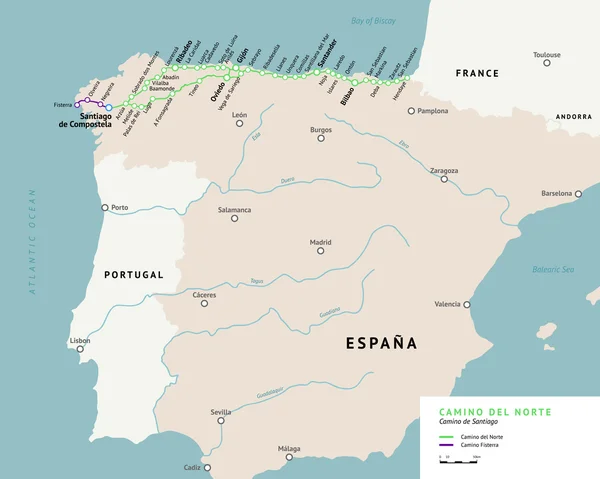 Mapa, Camino del Norte. Camino De Santiago. Španělsko. — Stockový vektor