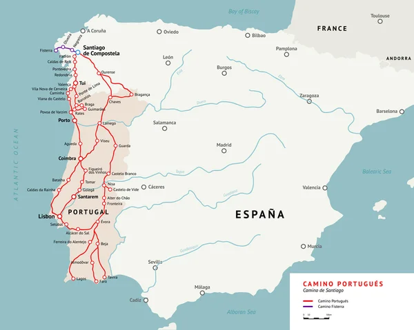 Camino Portugues mapa. Camino De Santiago Portugal —  Vetores de Stock