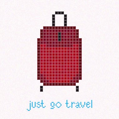 Seyahat git! Piksel sanat kartpostal. Kırmızı Çanta.