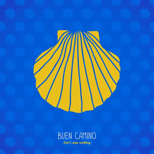 Buen camino! Yellow shell on the blue background. — Stock Vector