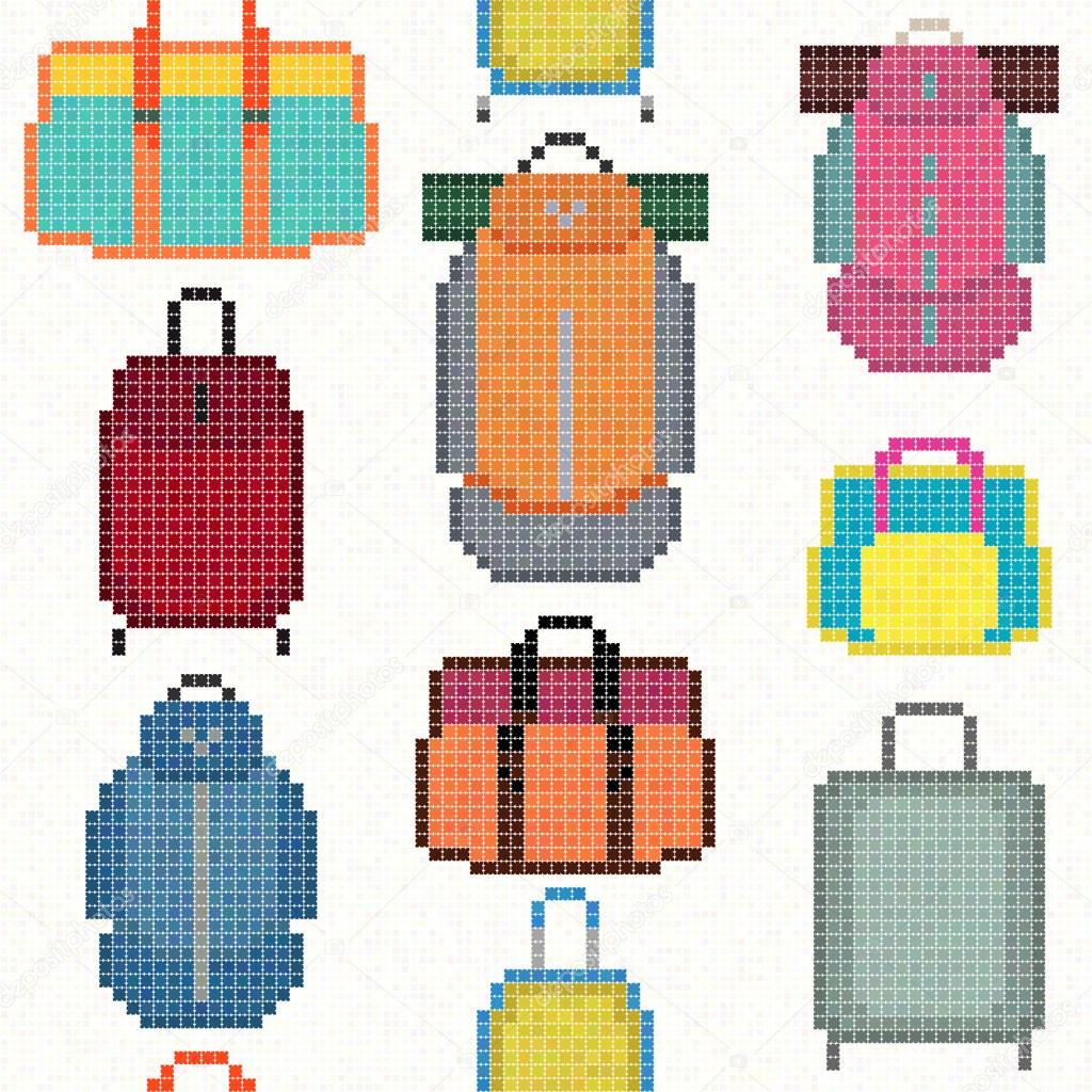 Various Bag types. Pixel art. Seamless pattern.