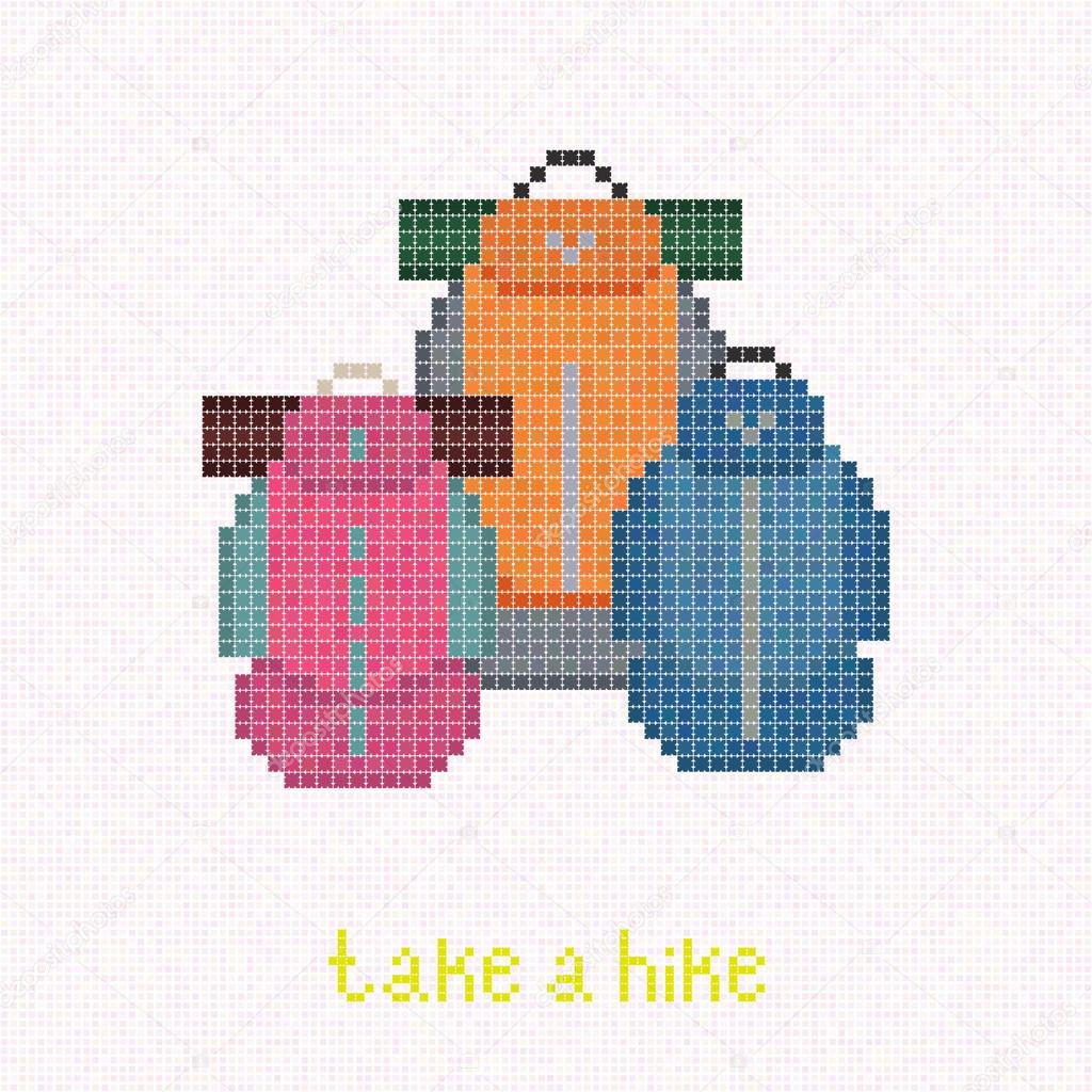 Take a Hike! Trekking rucksacks. Pixel art banner.
