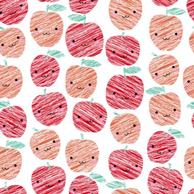 Smiling apples background. Seamless pattern with scratched apples. clipart