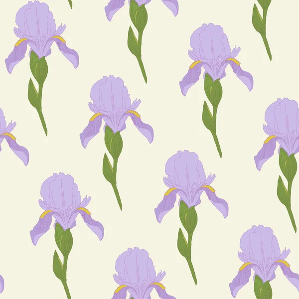 Iris pâle fleurit sur un fond vert vif. Motif floral sans couture . — Image vectorielle