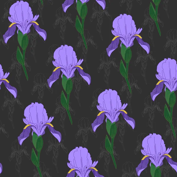 Fialové květiny Iris na tmavě šedém pozadí. Květinový vzor bezešvé. — Stockový vektor