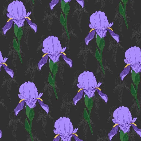 Violette Irisblüten auf dunkelgrauem Hintergrund. Florales nahtloses Muster. — Stockvektor