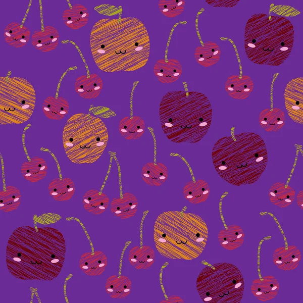Smiling cherry and apple background. Seamless pattern with scratches. — Stock Vector