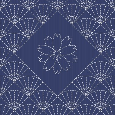 Geleneksel Japon nakış süs hayranları ve sakura çiçek ile. Sashiko. Sorunsuz vektör desen.