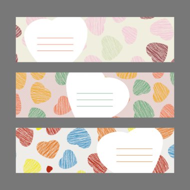 Romantik yatay afiş kümesi. Kalpler süsleme. Vektör çizim.