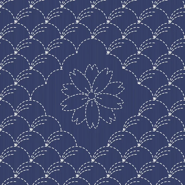 Traditional Japanese Embroidery Ornament with arcs and sakura flower. Sashiko. Seamless vector pattern. — Stock Vector