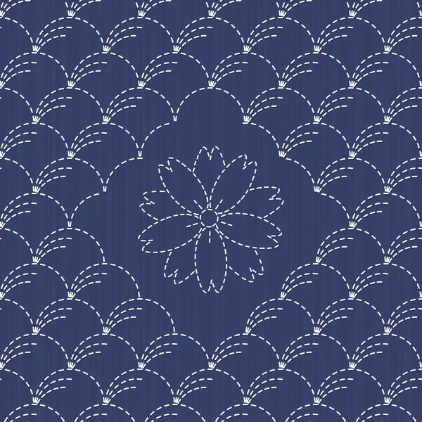 Traditioneller japanischer Stickereischmuck mit Bögen und Sakura-Blume. sashiko. nahtloses Vektormuster. — Stockvektor