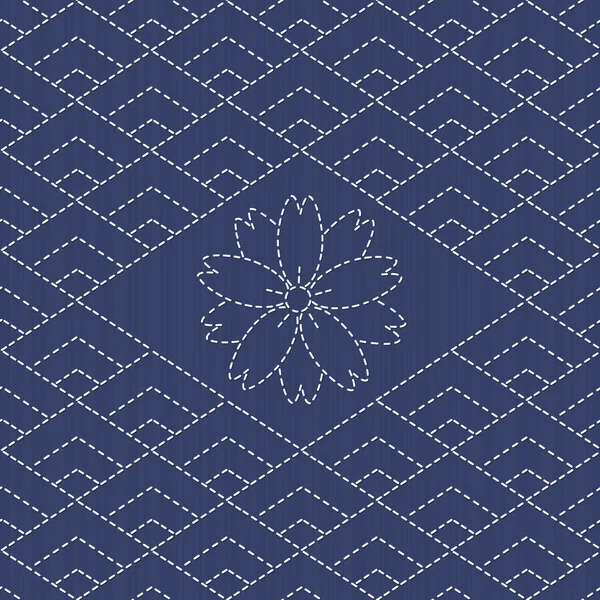 Adorno tradicional del bordado japonés con rombos y flor de sakura. Patrón de vector inconsútil . — Vector de stock