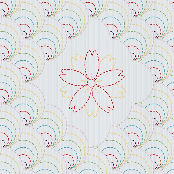 桜の花と伝統的な日本刺繍飾り。刺し子。シームレスなベクトル パターン. — ストックベクタ