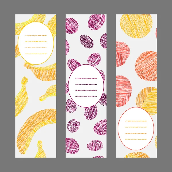 Scratched bananas plums and peaches banners. — Stock Vector