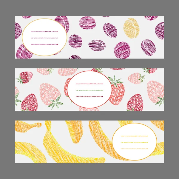 Scratched plums bananas and strawberries banners. — Stock Vector