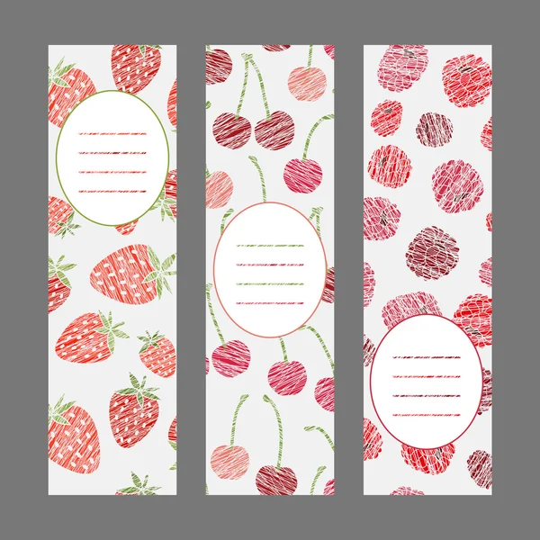 Set de Banners Verticales de Frutas. Cosecha adorno de bayas. Ilustración vectorial . — Vector de stock